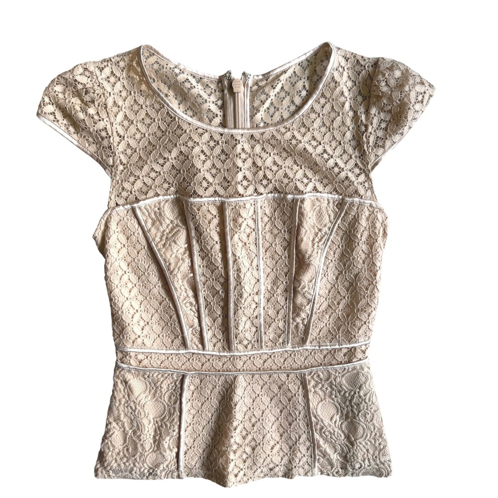 Bebe Coquette Balletcore Womens Peplum Corset Top Nude Beige Floral Lace